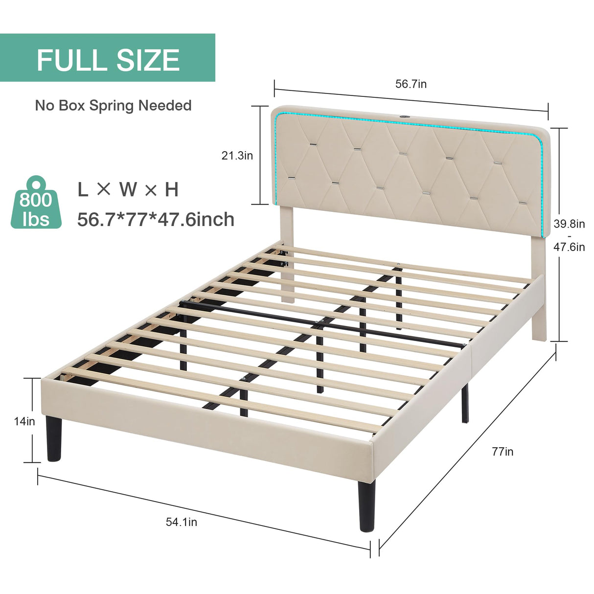 VECELO Upholstered Full Bed Frame with Headboard Adjustable, Velvet Platform Beds with LED Lights, Charging Station, Mattress Foundation with Wooden Slats, Noise Free, No Box Spring Needed, Beige VECELO