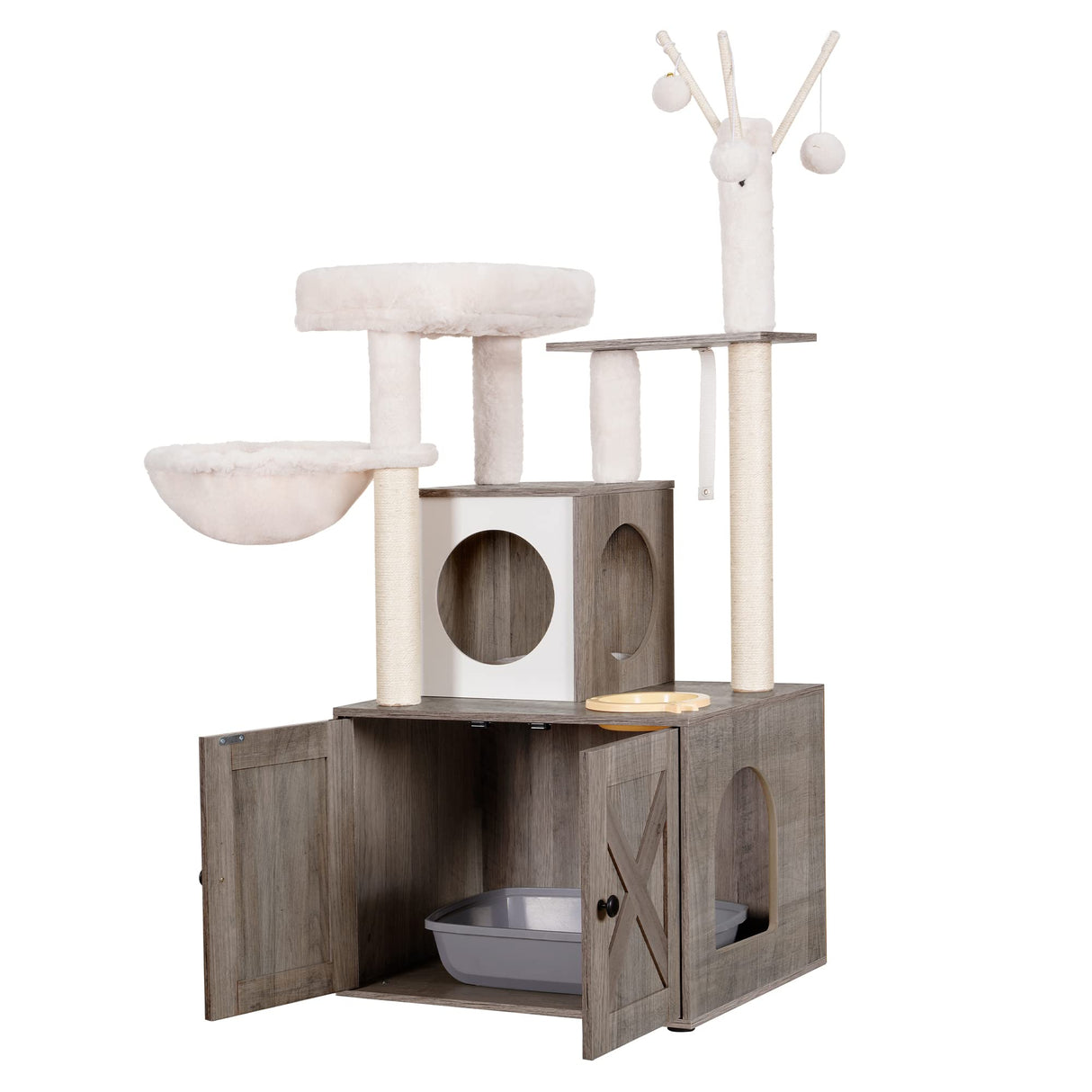 Heybly Cat Tree, Wood Litter Box Enclosure with Food Station, All-in-one Indoor Cat Furniture with Large Platform and Condo, Modern Style Cat Tower, Hammock, Rustic Brown HCT102SG Heybly