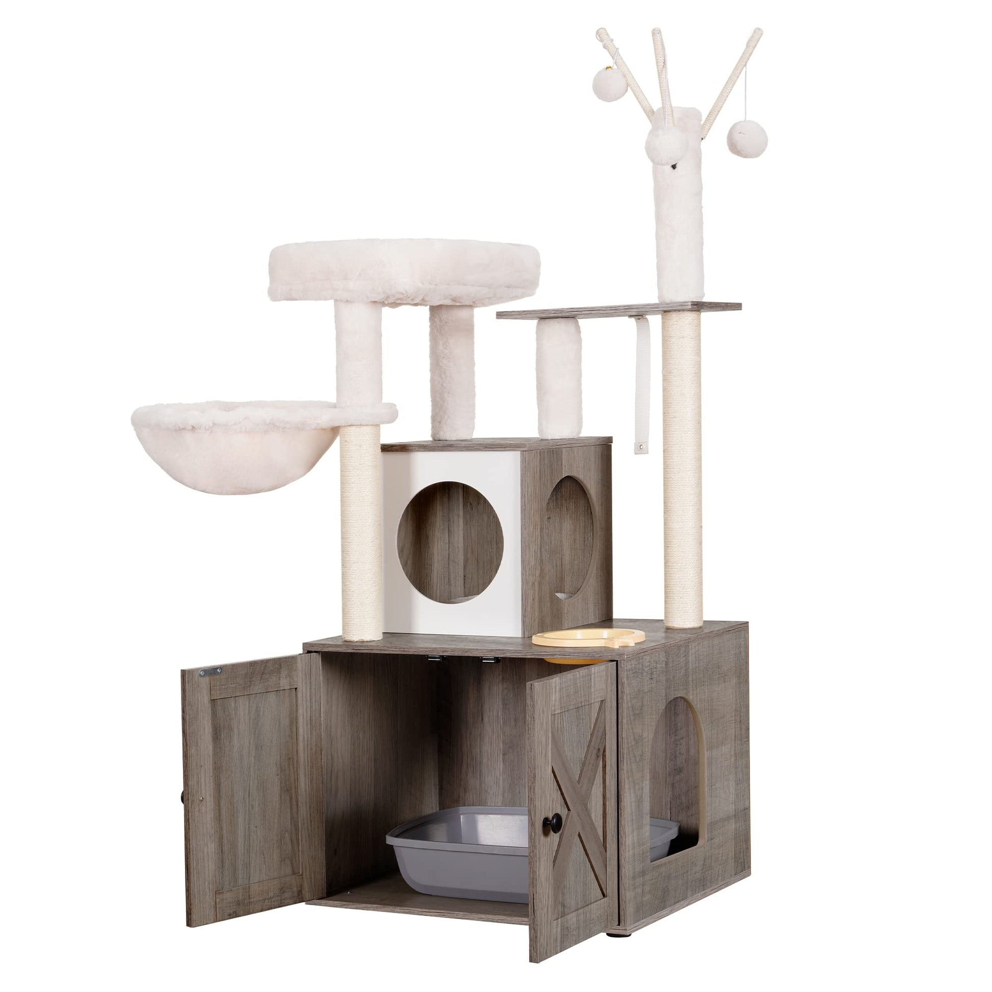 Heybly Cat Tree, Wood Litter Box Enclosure with Food Station, All-in-one Indoor Cat Furniture with Large Platform and Condo, Modern Style Cat Tower, Hammock, Rustic Brown HCT102SG - WoodArtSupply