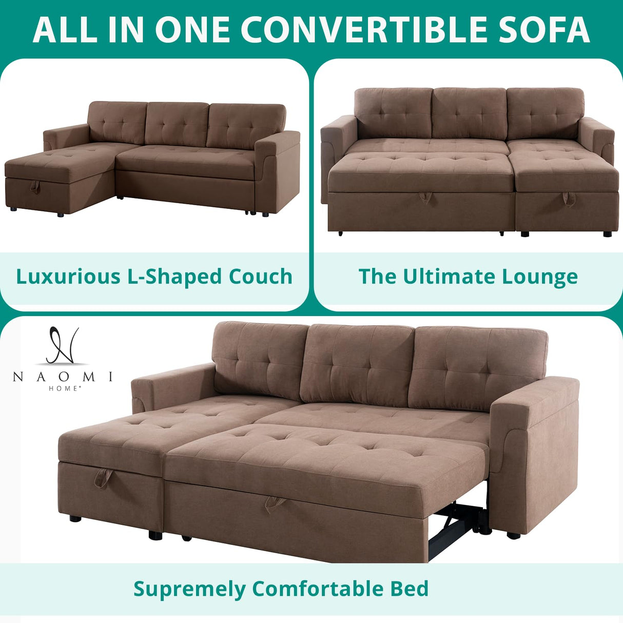 Naomi Home Jenny Sectional Sofa Sleeper with Storage Chaise, Tufted Pull Out Couch with Storage, Sectional Sofa Bed, L-Shaped Reversible Sleeper Sofa with Storage, Mocha,Velvet Naomi Home