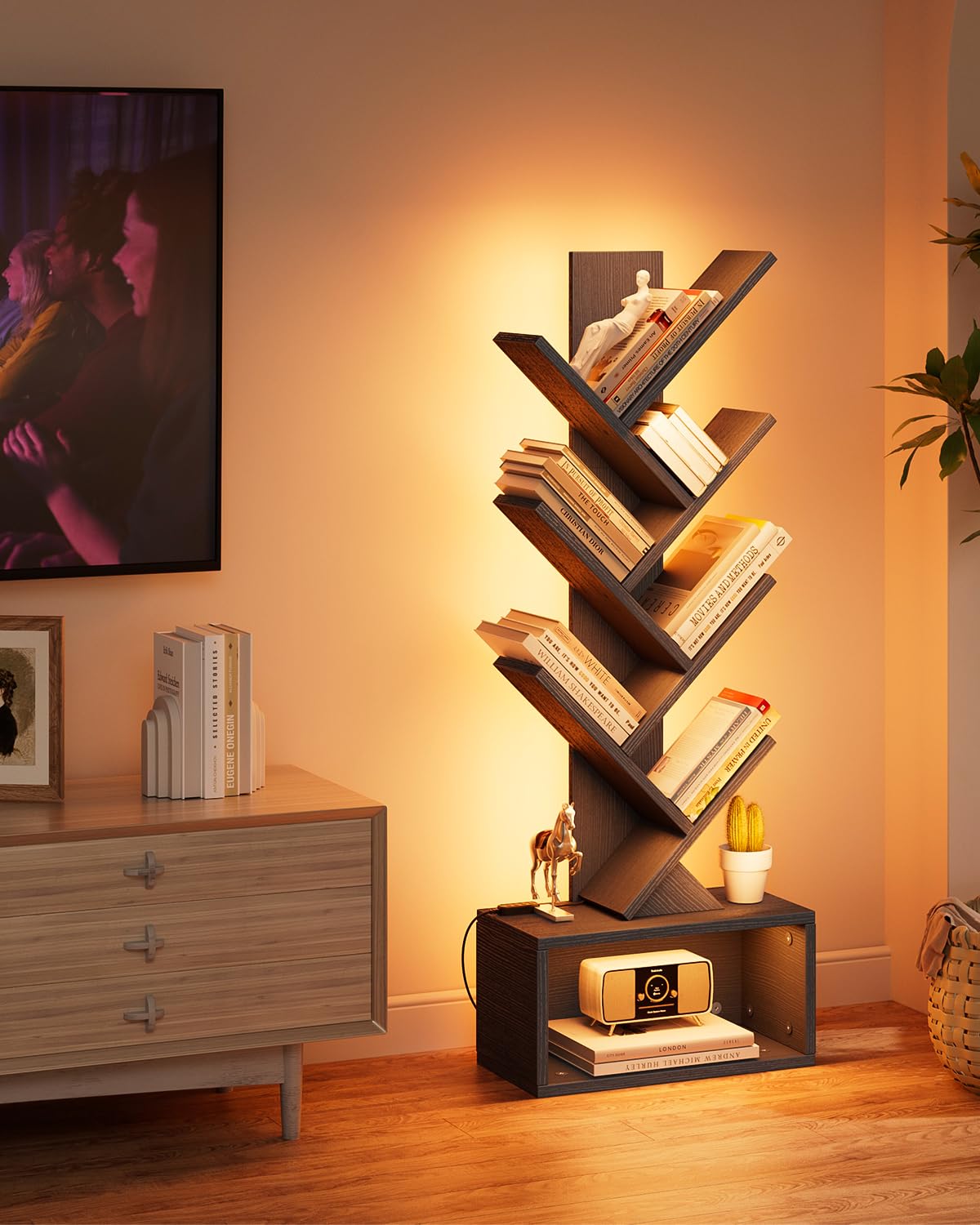 Evermagin 6 Tier Tree Bookshelf with Lights, LED Book Tree Bookcase with Storage Organizer, Small Corner Bookshelf Floor Standing Book Shelf for Living Room, Bedroom & Home Office, Black Evermagin