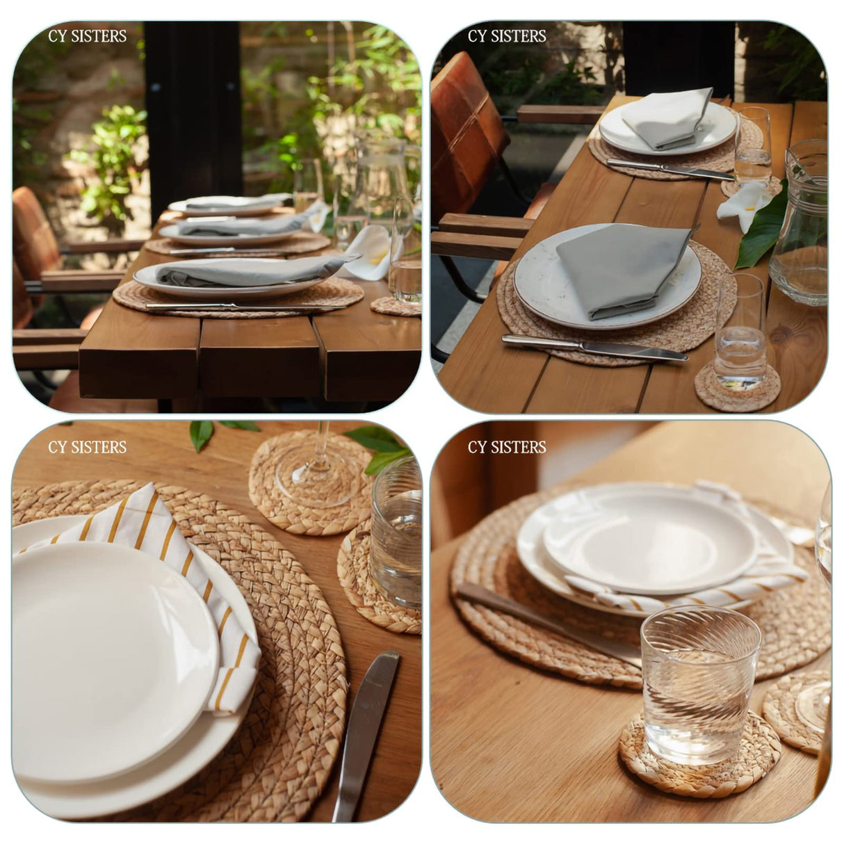 CY SISTERS Woven Placemats Round Placemats Set of 6, 13.5 Inch Wicker Placemats Circle Rattan Placemats Farmhouse Boho Braided Natural Water Hyacinth Place Mats for Indoor & Outdoor Table Decor CY SISTERS