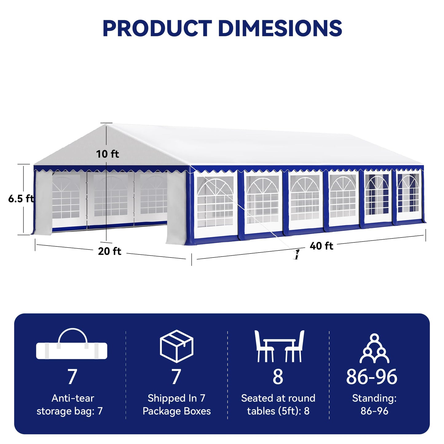 PHI VILLA 40 ft. x 20 ft. Large Outdoor Canopy Wedding Party Tent with Removable Side Walls & 7 Storage Bags, White with Blue Stripes