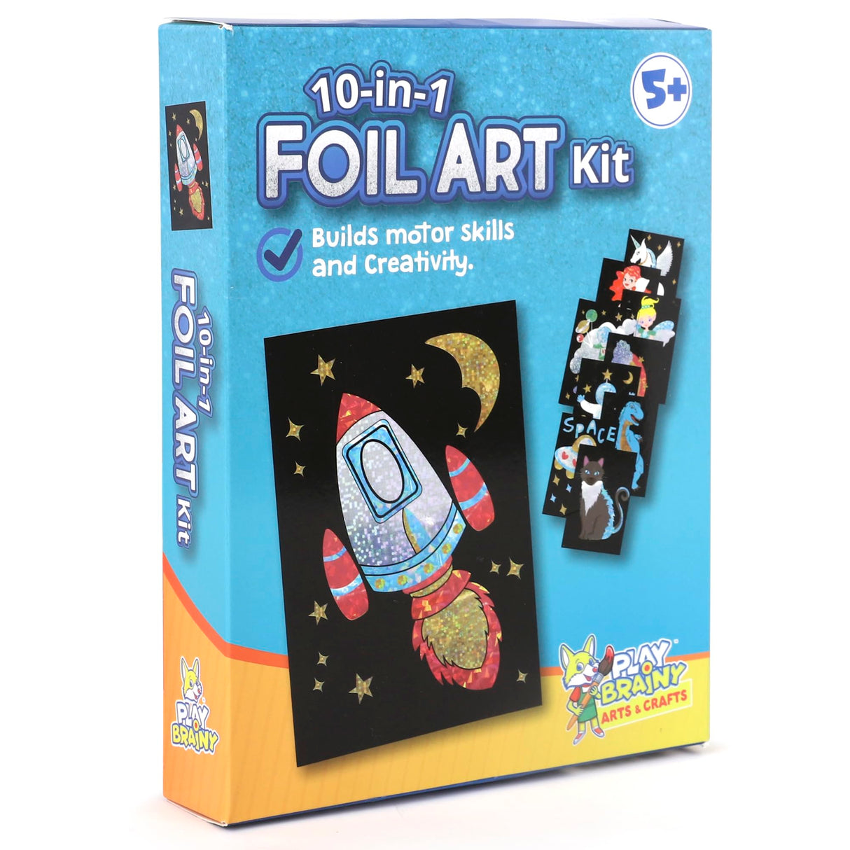 Play Brainy 10-in-1 Foil Art Kit - Kids Arts and Crafts Kit for Ages 5+, Mess-Free Kids Craft Set with 10 Printed Cardboard Sheets, 38 Foil Papers & Scratch Pen, DIY Activity & Birthday Christmas Gift Play Brainy