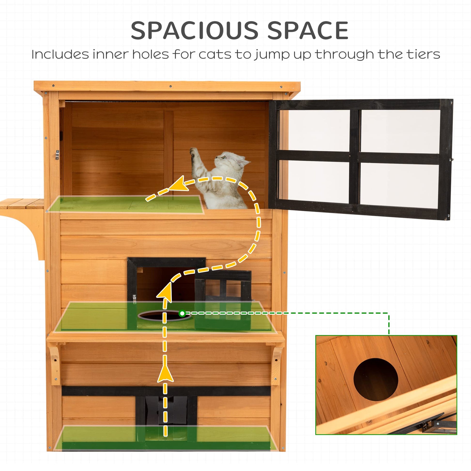 PawHut 3-Story Cat House Feral Cat Shelter, Outdoor Kitten Condo with Raised Floor, Asphalt Roof, Escape Doors, Jumping Platforms, Yellow - WoodArtSupply