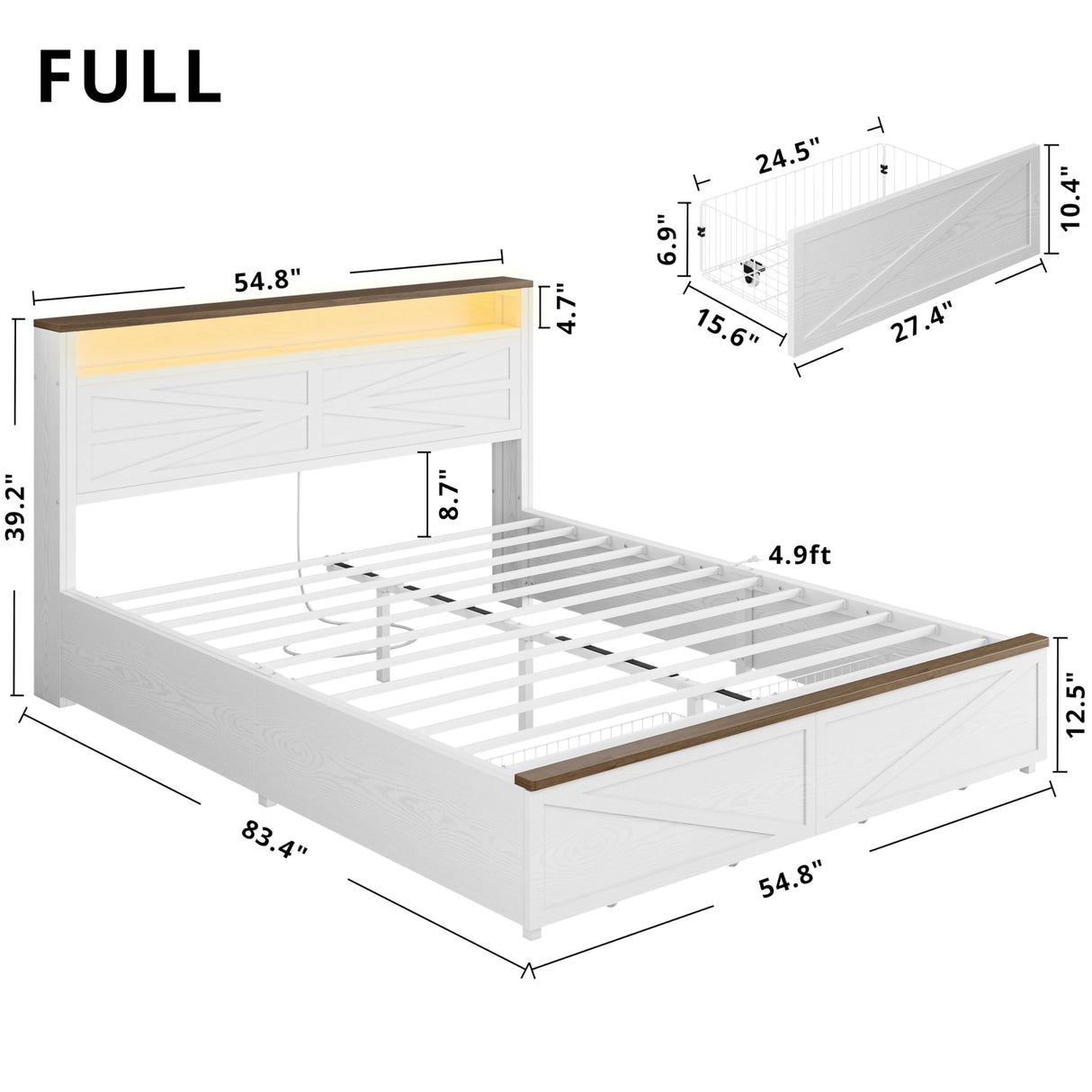 IRONCK Farmhouse Full Size Bed Frame with LED Light and Charging Station, Wood Bed Frame with Storage Headboard and 2 Drawers， Barn Door Design, Sturdy and Noiseless, White IRONCK