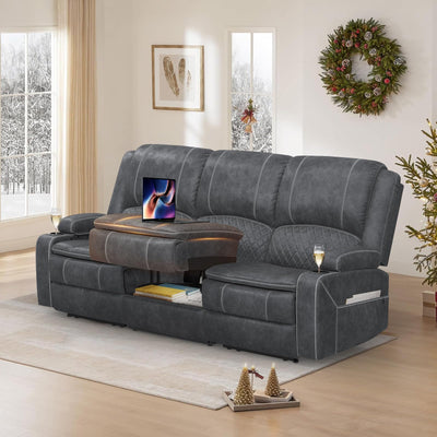 Recliner Sofa 3 Seater Sofa with Recliner, Home Theater Seating with Liftable Console & Removable Armrest, Manual Velvet Fabric Reclining Couch with Cup Holders & USB Ports for Living Room/RV (Grey)