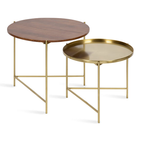 Kate and Laurel Ulani Modern Nesting Coffee Table, Set of 2, Walnut and Gold, 22.5 x 20.25, Decorative Sophisticated Mango Wood and Metal End Tables for Display and Storage Kate and Laurel