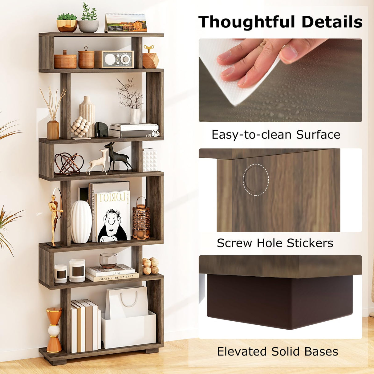 Tangkula 6-Tier S Shaped Bookcase, 64" Tall Modern Geometric Bookshelf with Anti-Tipping Kit, Home Office Freestanding Decorative Storage Display Shelf Room Divider for Living Room Study (1, Walnut) Tangkula