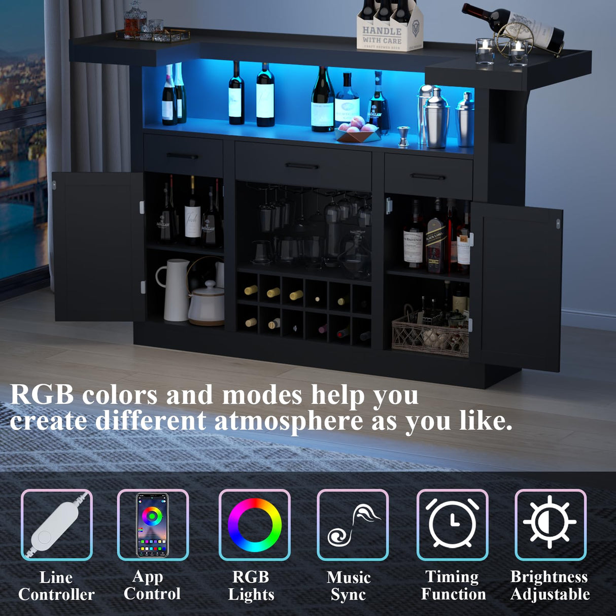 Loomie Bar Table Cabinet with LED & 3 Drawers,Liquor Bar with Adjustable Storage Shelves & Stemware Holders, Crescent Shaped Counter for Home Pub, Wine Alcohol Bar Stand with Door & Wine Rack (Black) Loomie