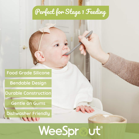 WeeSprout Silicone Baby Spoons - First Stage Infant Feeding Utensils With Soft-Tip, Bendable Kitchenware for Parent & Self-Feeding, Ultra-Durable, Dishwasher Safe, Travel Case, Set of 3 WeeSprout