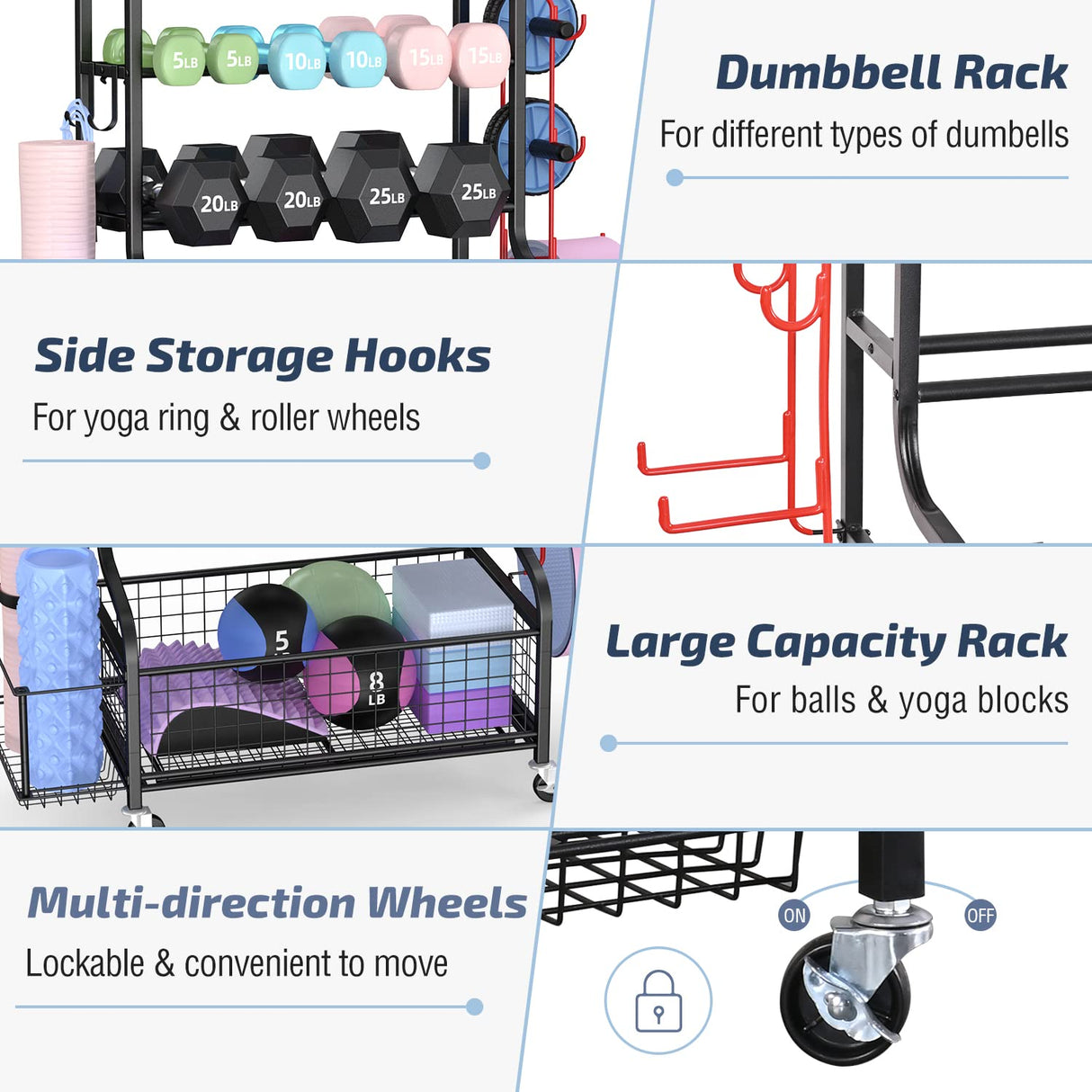 PLKOW Dumbbell Weight Rack, Home Gym Storage for Kettlebells Yoga Mat and Balls, All in One Workout Storage with Wheels and Hooks, Powder Coated Finish Steel PLKOW