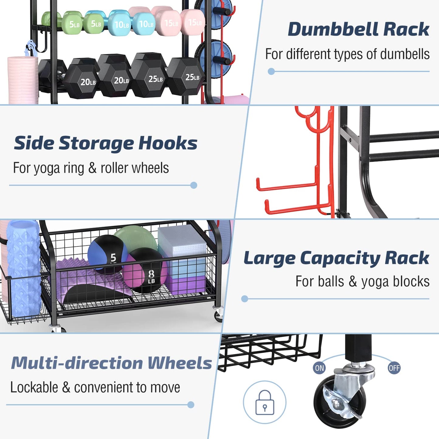 PLKOW Dumbbell Weight Rack, Home Gym Storage for Kettlebells Yoga Mat and Balls, All in One Workout Storage with Wheels and Hooks, Powder Coated Finish Steel