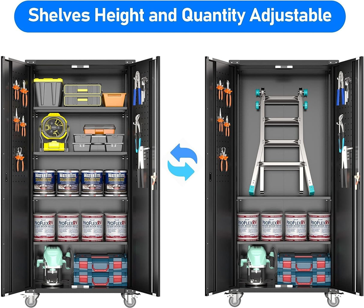 Upgraded Metal Garage Tools Storage Cabinet with Wheels, 72" Tall Lockable Garage Cabinet with Pegboard & 4 Hooks, Adjustable Shelves for Garage Utility Rooms Assembly Required(Black) WoodArtSupply