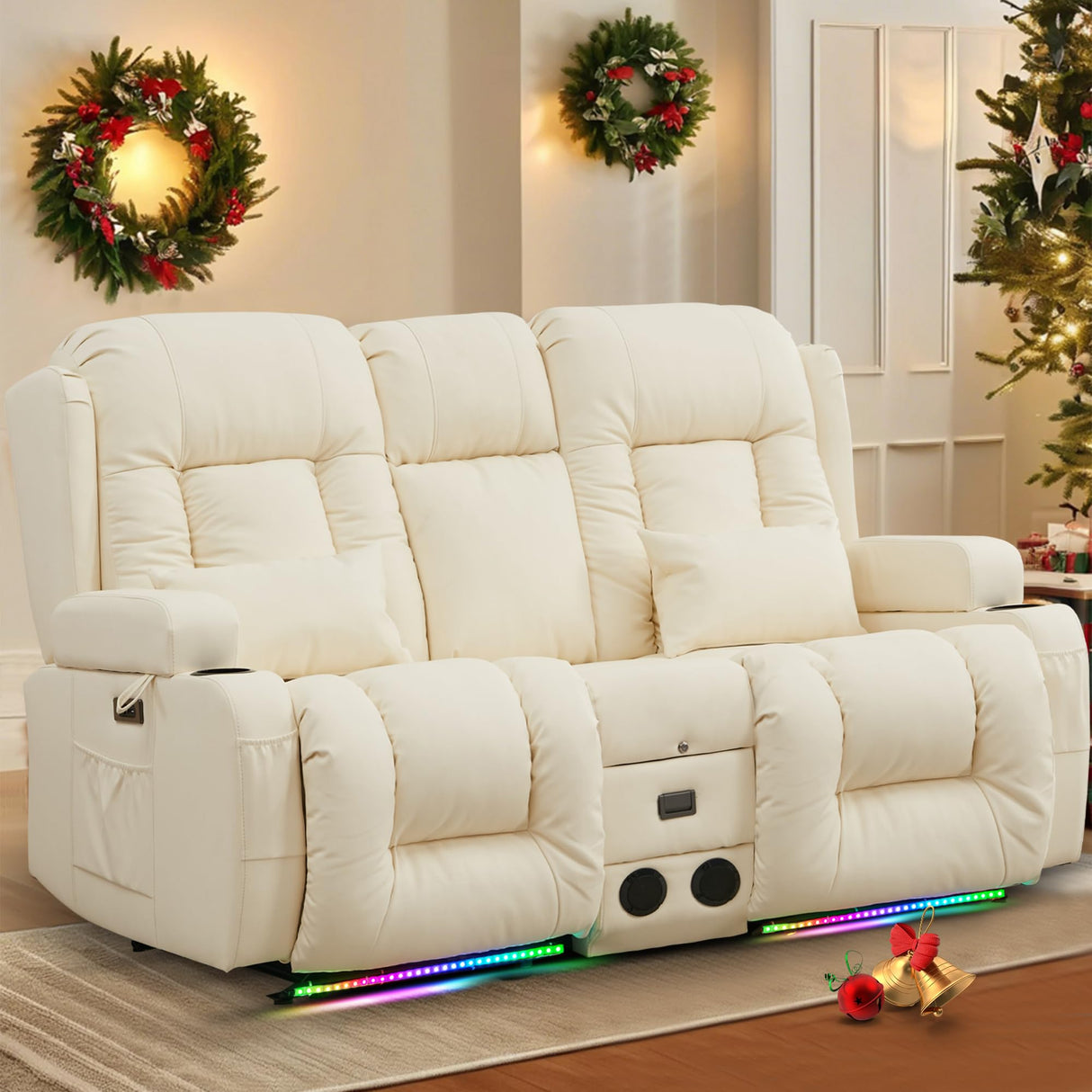 TUNYI Power Loveseat Recliner Sofa with Massage & Heat Home Theater Seating with Console Electric Recliner RV Sofa with USB/Outlet/Storage/Side Pocket/LED Light/Speaker (Cream White) TUNYI