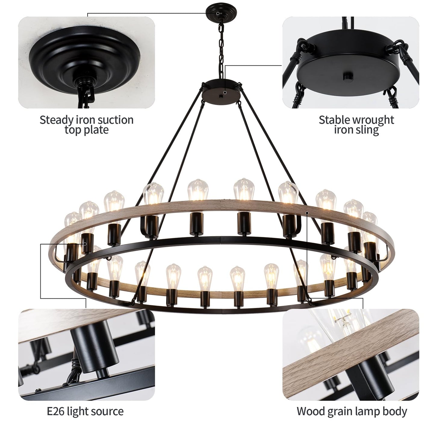 WOGON WEEL Wagon Wheel Chandelier 48-Inch 24-Light, Black and Oak Wood Tone Finish Round Rustic Farmhouse Chandelier Extra Large for High Ceilings, Living Room Foyer