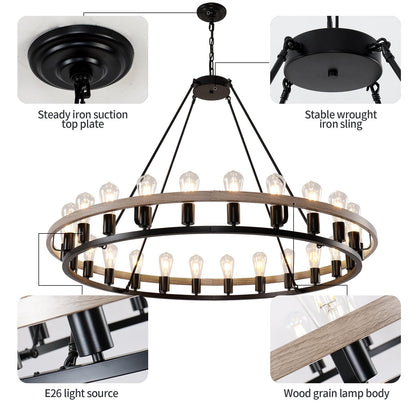 WOGON WEEL Wagon Wheel Chandelier 48-Inch 24-Light, Black and Oak Wood Tone Finish Round Rustic Farmhouse Chandelier Extra Large for High Ceilings, Living Room Foyer