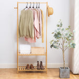 SHUOXIANG Bamboo Clothing Rack with Top Hanging Garment Rod, 2 Side Hooks & Bottom 2-Tier Shelves – Space-Saving Organizer for Clothes, Hats, Bags & Shoes SHUOXIANG
