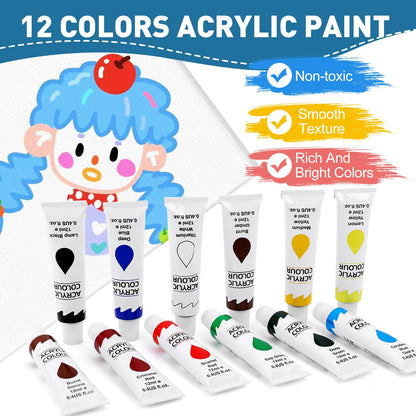 ESRICH 52PCS Acrylic Paint Set, Painting Supplies with 2*12 color acrylic paint (12 ml), 20 brushes, 4 boards, 2 wooden frames, 2 plates, Acrylic Painting Kits for Kids, Adults, Artists and Beginners