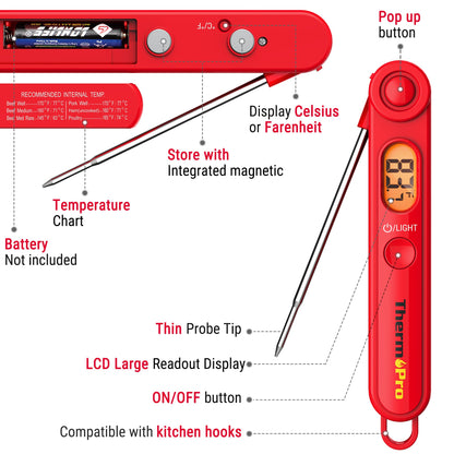 ThermoPro TP03B Digital Meat Thermometer for Cooking, Instant Read Thermometer with Backlight, Kitchen Food Thermometer for Grill Smoker BBQ Oil Deep Fry Candy Bread Coffee with Pop-up Meat Probe