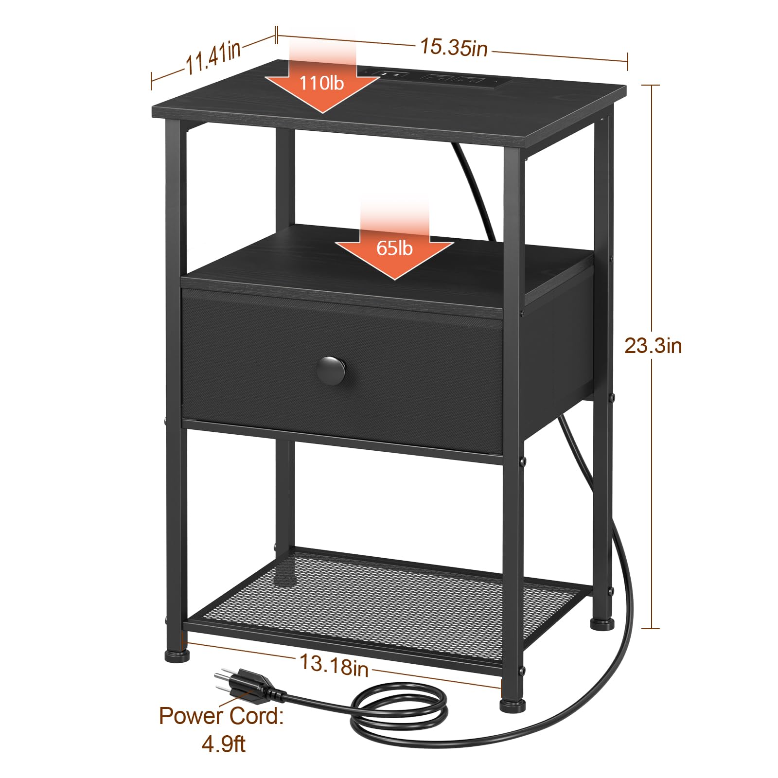 LOAKEKEL Night Stand Set 2, LED Nightstand with Charging Station, End Tables with Fabric Drawer for Small Spaces, Bedside Table with Storage Shelf for Bedroom, Black, HETS01BK - WoodArtSupply