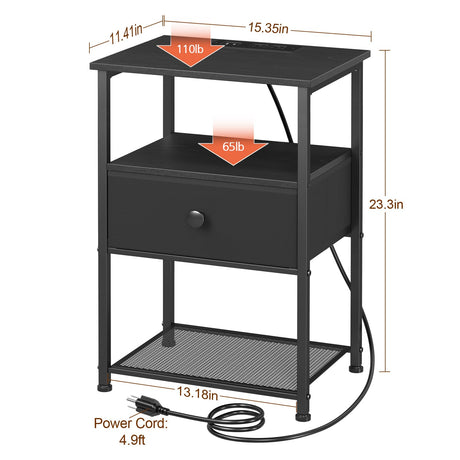 LOAKEKEL Night Stand Set 2, LED Nightstand with Charging Station, End Tables with Fabric Drawer for Small Spaces, Bedside Table with Storage Shelf for Bedroom, Black, HETS01BK LOAKEKEL