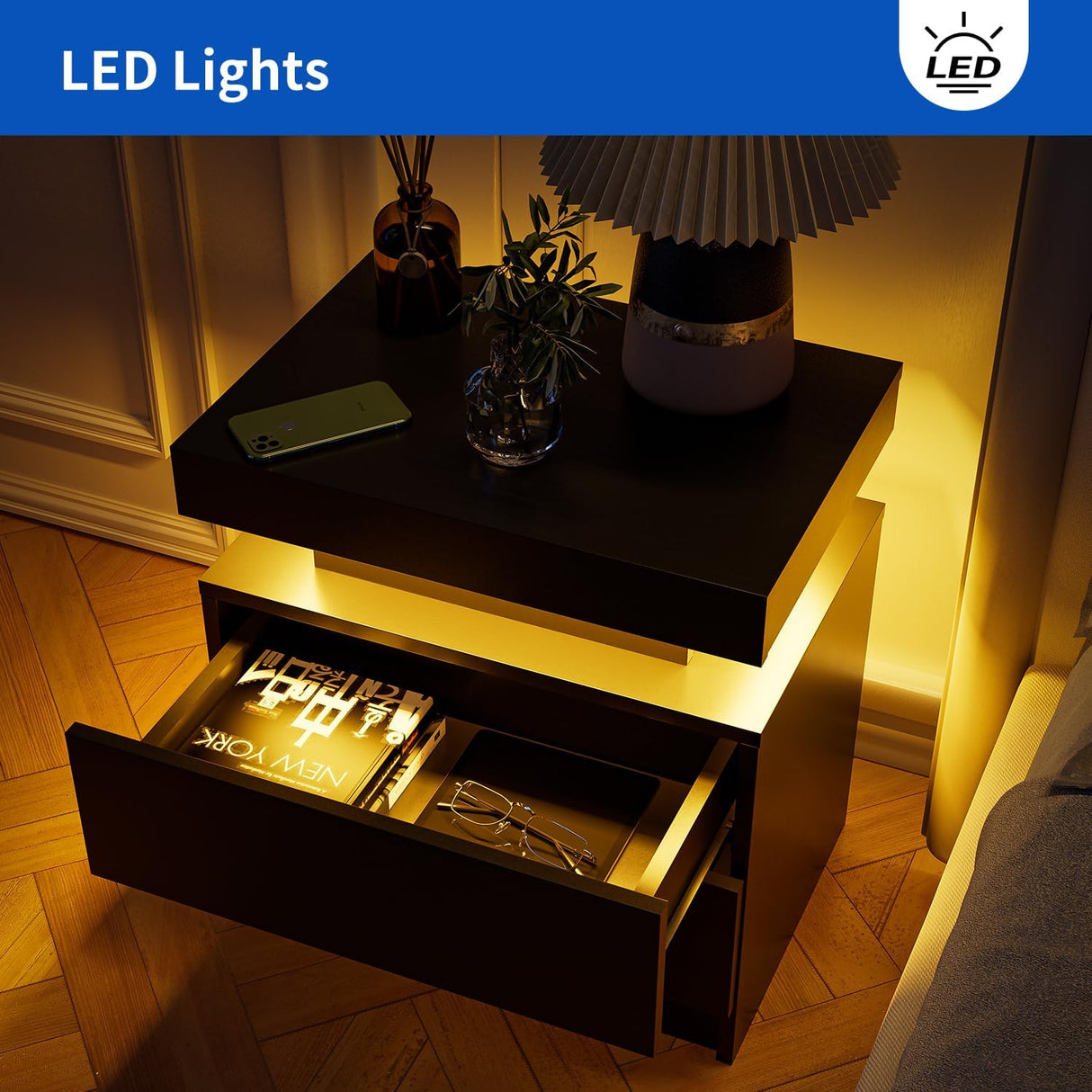 DobleCliCli LED End Table Set of 2, Modern Bedside Table with Storage, 20.5" Tall End Tables Bedroom Set of 2 with 2 Drawers, LED Furniture for Bedroom, Living Room, and Playroom, Black DobleCliCli