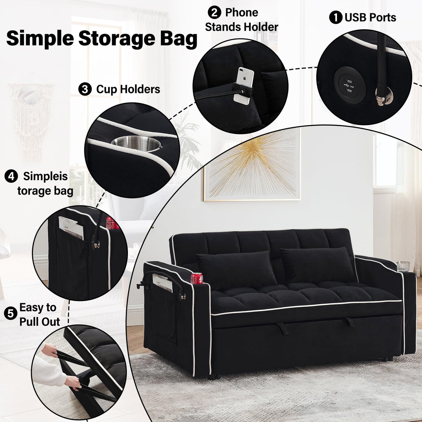 3 in 1 Sleeper Sofa Couch Bed,Velvet Convertible Loveseat Sleeper Sofa Bed,Pull Out Sofa Bed With USB Port & Ashtray and Swivel Phone Stand & Storage Pockets,Modern Sleeper Sofa for Living Room,Black