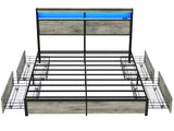 SADENICEL King Size Bed Frame with Storage Headboard, Metal Platform King Bed Frame Wood with 4 Drawers, LED Light, Charging Station, No Box Spring Needed, Noise Free, Easy Assembly, Grey SADENICEL