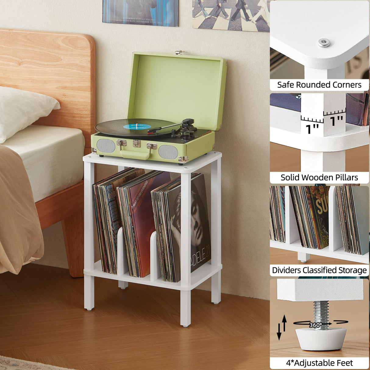 LELELINKY 2-Tier Record Player Stand with Vinyl Record Storage up to 100 Albums, Bedroom Record Holder and Multi-Functional End Table for Living Room, White LELELINKY