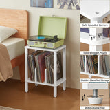 LELELINKY 2-Tier Record Player Stand with Vinyl Record Storage up to 100 Albums, Bedroom Record Holder and Multi-Functional End Table for Living Room, White LELELINKY
