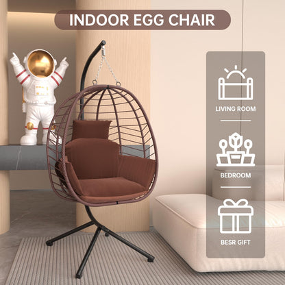 VARVIND Hanging Egg Chair with Stand Patio Hammock Swing Chair, Basket Wicker Rattan Adjustable Height UV Resistant Indoor Outdoor Use 350Lbs Brown - WoodArtSupply