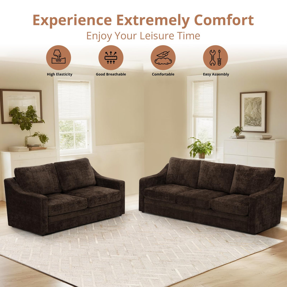 ACMEASE 2 Pieces Chenille Sofa Sets w/Comfortable Back Cushions, Modern Loveseat & Sofa w/Deep Seat Space, Upholstered 2 Seat & 3 Seats Couch Sets w/High Resiliency Foam for Living Room, Office Brown ACMEASE