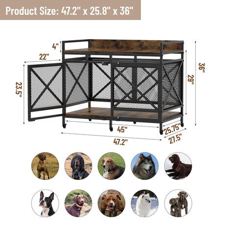 Dog Crate Furniture 48 Inch Wooden Dog Kennel for XLarge Dogs, Heavy Duty Dogs Furniture Indoor Wire Dog Cage with Adjustable Feet & 360° Wheels, Decorative Pet House End Table, Antique Brown COZPAW