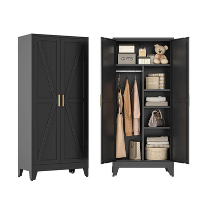 Metal Combination Cabinet, Black Wardrobe Closet Cabinets with Doors and Shelves, 71" Farmhouse Bedroom Armoire Closet with Hanging Rod and Clothing Shelf, White Steel Wardrobe Cabinet for Bedroom