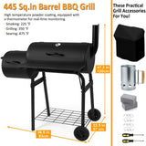 445 Square Inches Charcoal Grill with Offset Smoker, Leonyo Large Barrel Charcoal Grills with Smoker Cover, Chimney Starter for Outdoor BBQ Camping, Black Leonyo