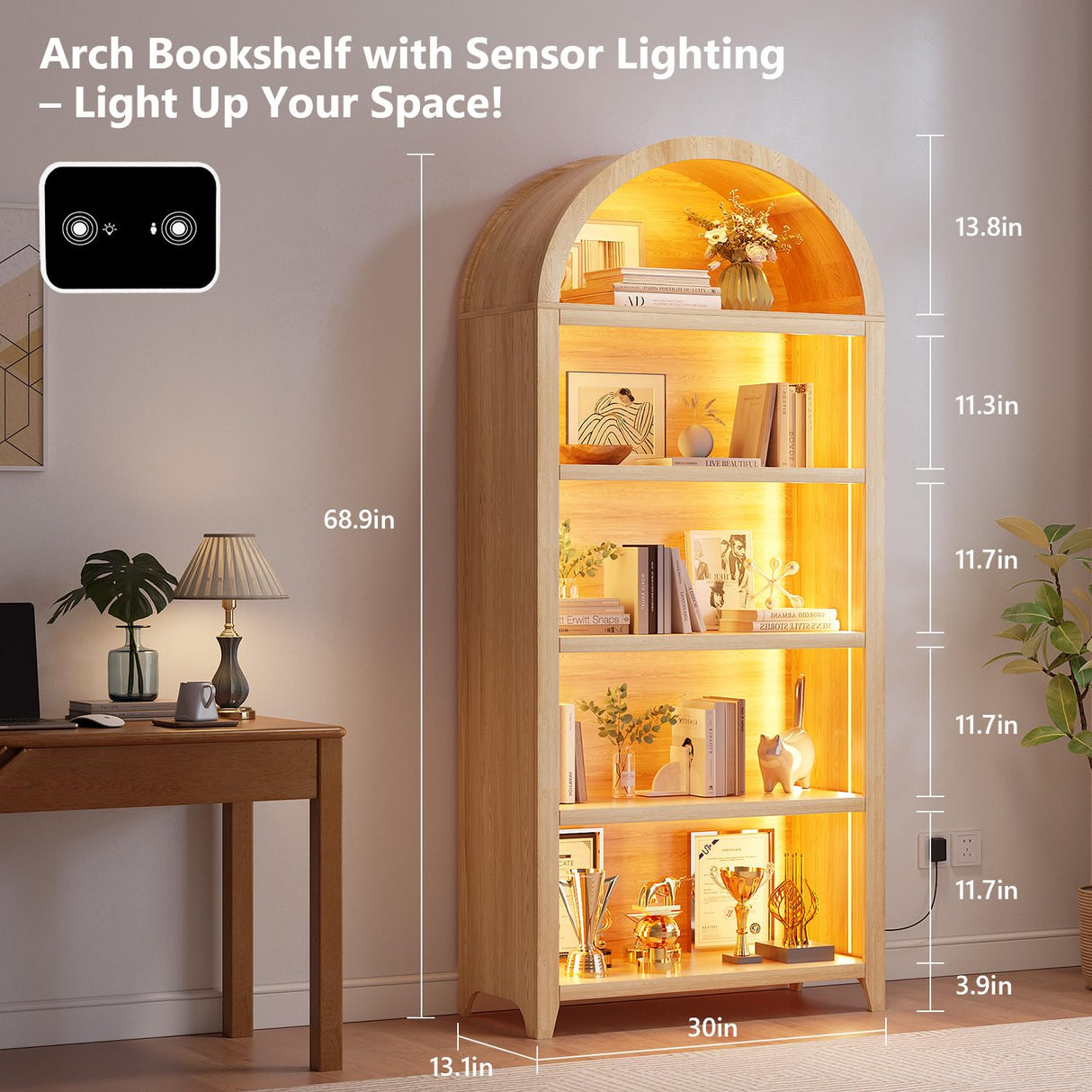 SKKTKT Arch Bookshelf - 5 Layers Bookcase with 3 Colors LED Sensor Lights and Thickened Wooden Design Display Shelf for Lego Books Bathroom Living Room - Ideal Gift (Wood) SKKTKT