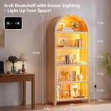 SKKTKT Arch Bookshelf - 5 Layers Bookcase with 3 Colors LED Sensor Lights and Thickened Wooden Design Display Shelf for Lego Books Bathroom Living Room - Ideal Gift (Wood) SKKTKT