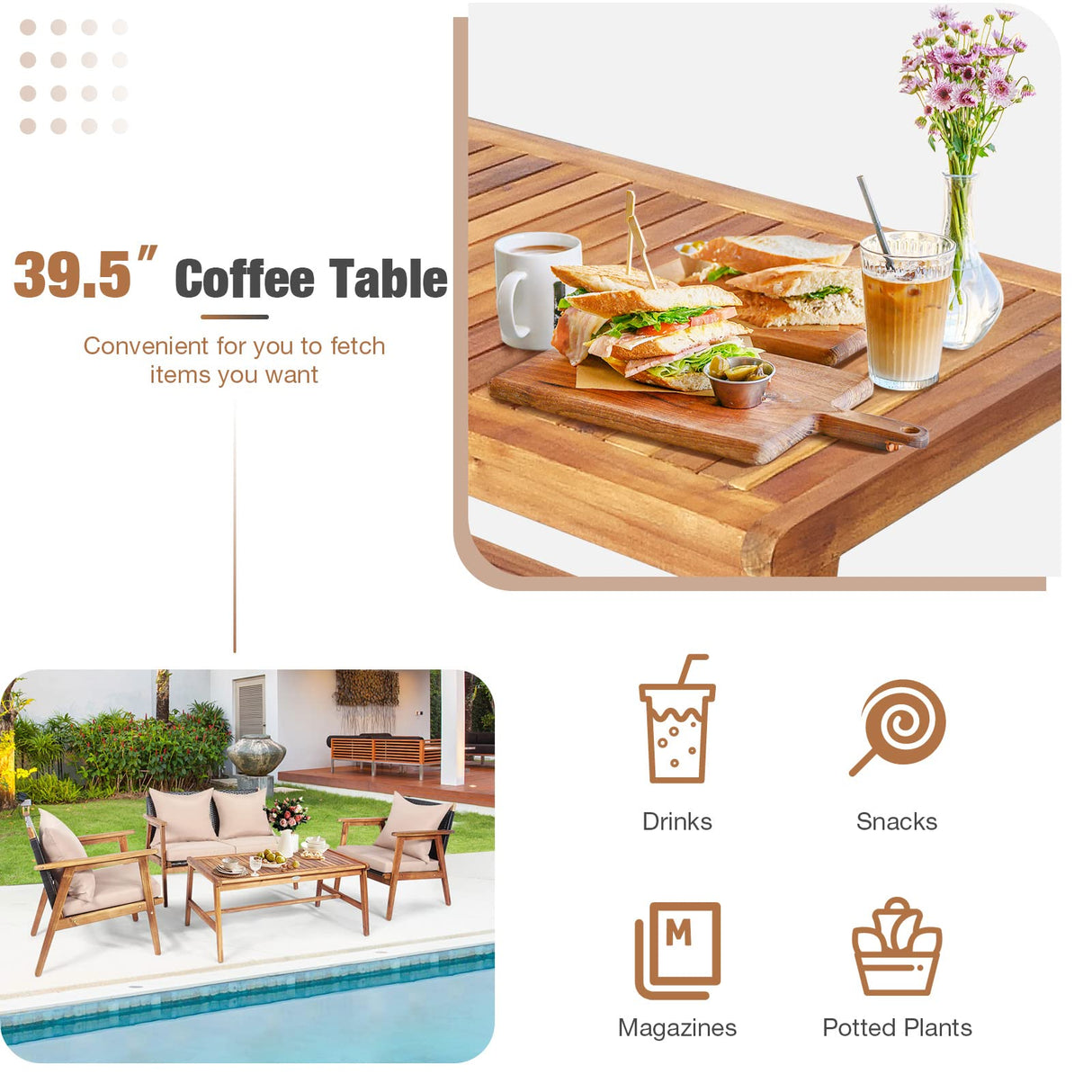 HAPPYGRILL 4 Piece Outdoor Furniture Set Rattan Sofa Set Acacia Wood Frame Conversation Set with Coffee Table, Sectional Furniture Set with Cushions for Backyard Porch Garden Poolside Balcony HAPPYGRILL