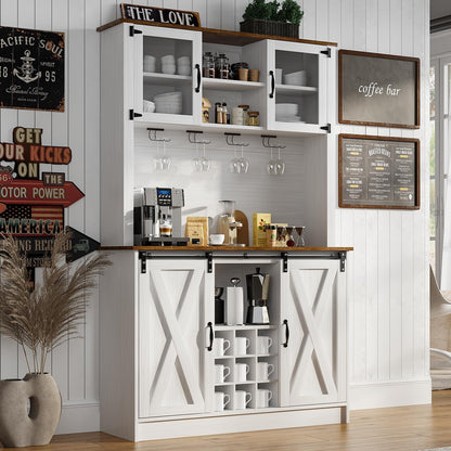 4ever2buy Farmhouse Coffee Bar Cabinet with Hutch, 72'' White Hutch Cabinet with 2 Glass Doors, Tall Wine Bar Cabinet with 9 Wine Racks, Coffee Bar Hutch with Storage for Living Room - WoodArtSupply