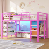 DICTAC Low Twin Size Loft Bed with Reading Corner and Bookshelf,Metal Twin Loft Bed with LED Lights,3 Sling Drawers&2 Movable Storage Bins,loft bed for Kids with 13.98"H Safety Guardrail & Stairs,Pink DICTAC