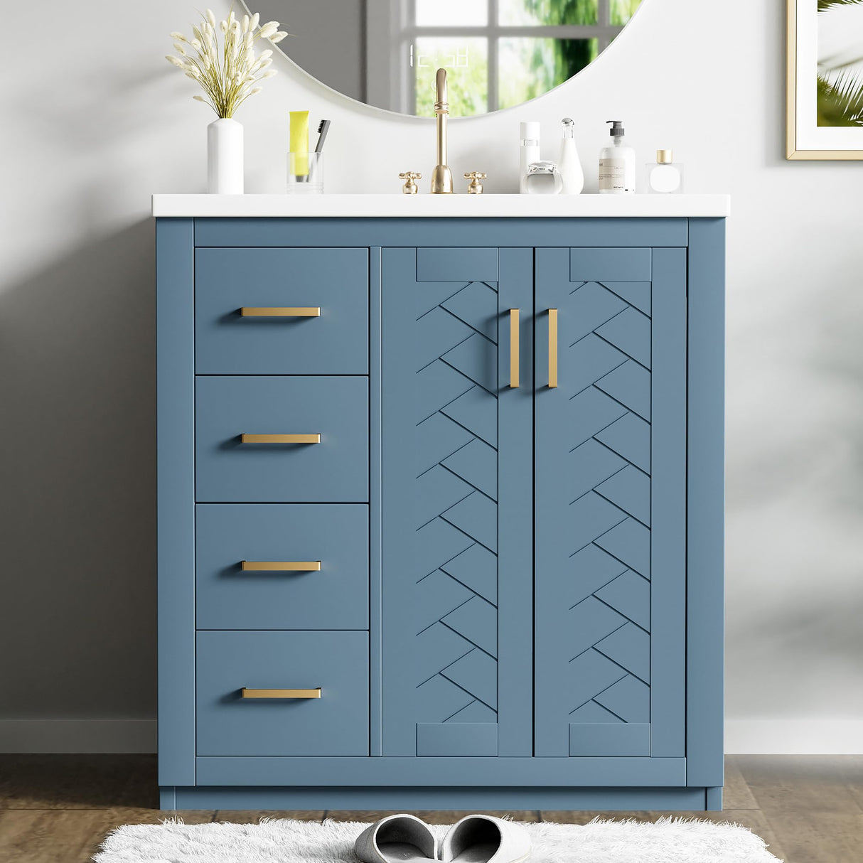 Merax Herringbone Single Sink Bathroom Vanity, Freestanding 30" Modern Bathroom Vanity Storage Cabinet with 3 Drawers and 2 Doors, Solid Wood Frame Merax