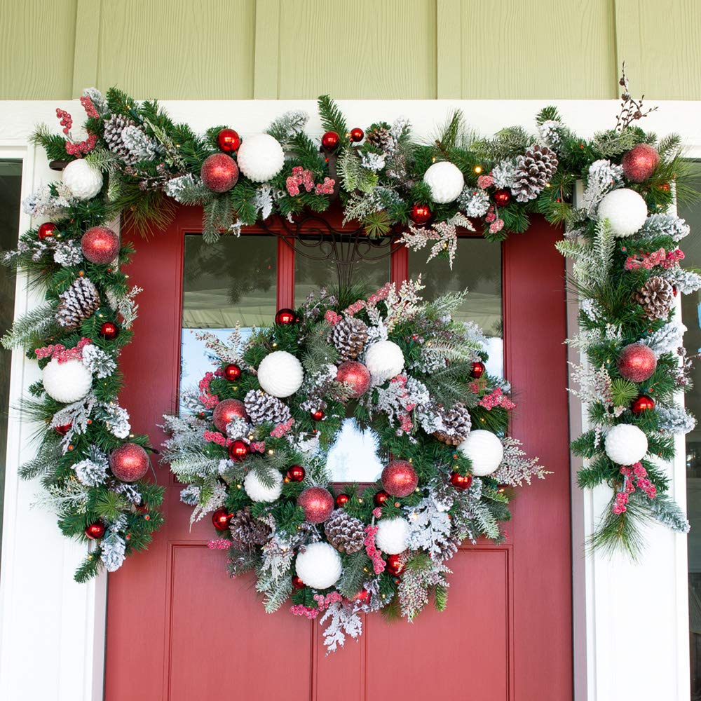 [30 Inch Artificial Christmas Wreath] - Frosted Wonderland Collection - Red White Decoration - Pre Lit with 50 Candy Cane Colored LED Mini Lights - includes Remote Controlled Battery Powered Timer