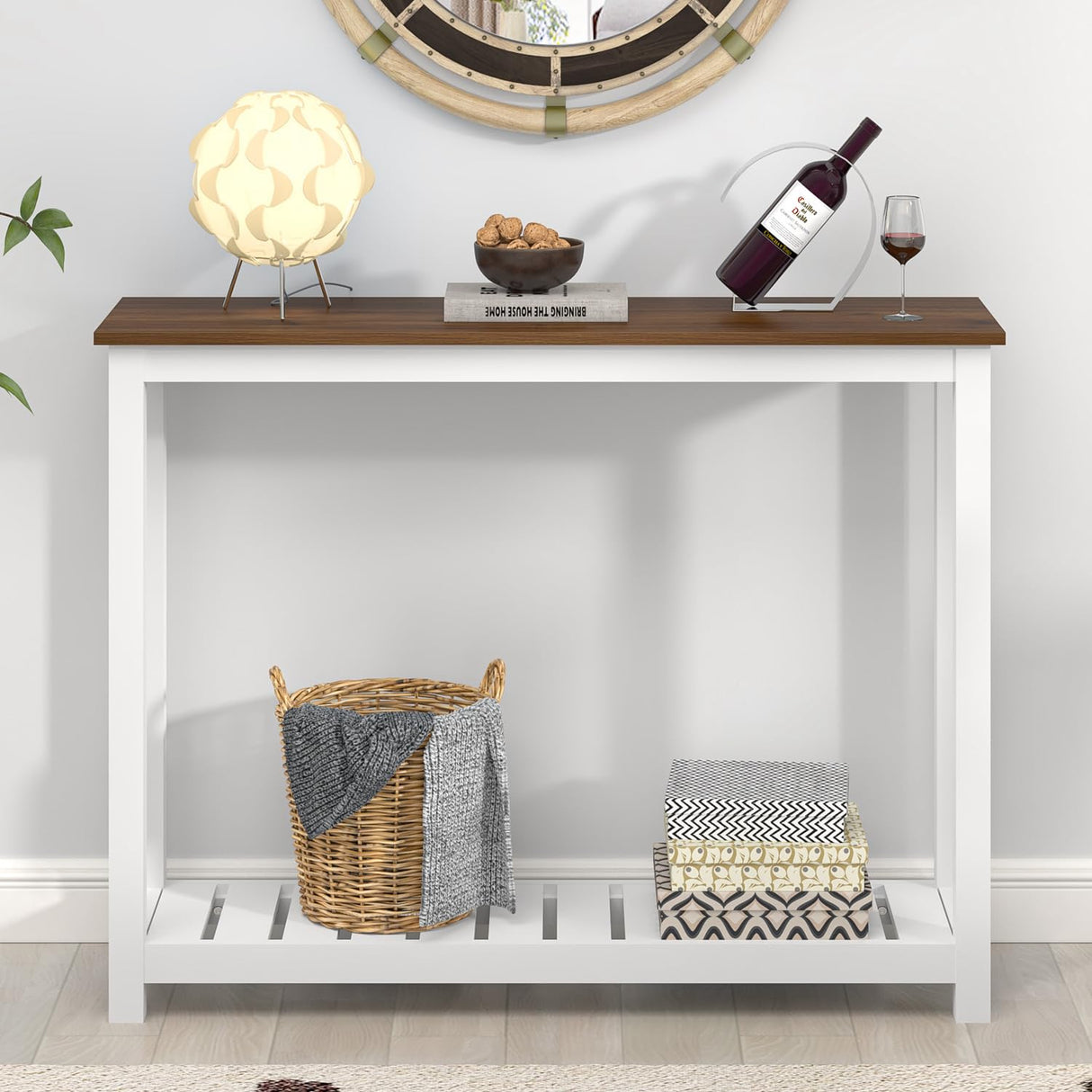 FOLUBAN Farmhouse Console Table for Entryway, Rustic Narrow Sofa Table for Living Room, Hallway, Entrance, 40 Inch, Vintage White & Walnut FOLUBAN