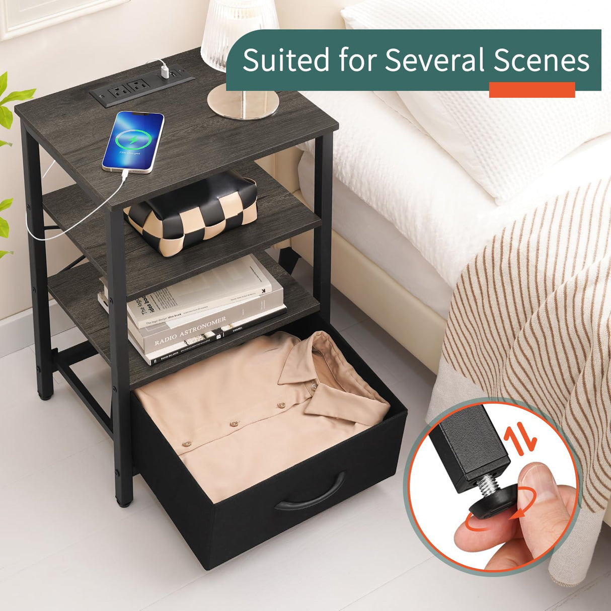 Yoobure Night Stand with Charging Station, LED Nightstand for Bedroom, Bedside Table with Adjustable Fabric Drawer, 3-Tier End Table Living Room, Small Side Table with Storage, Grey Yoobure