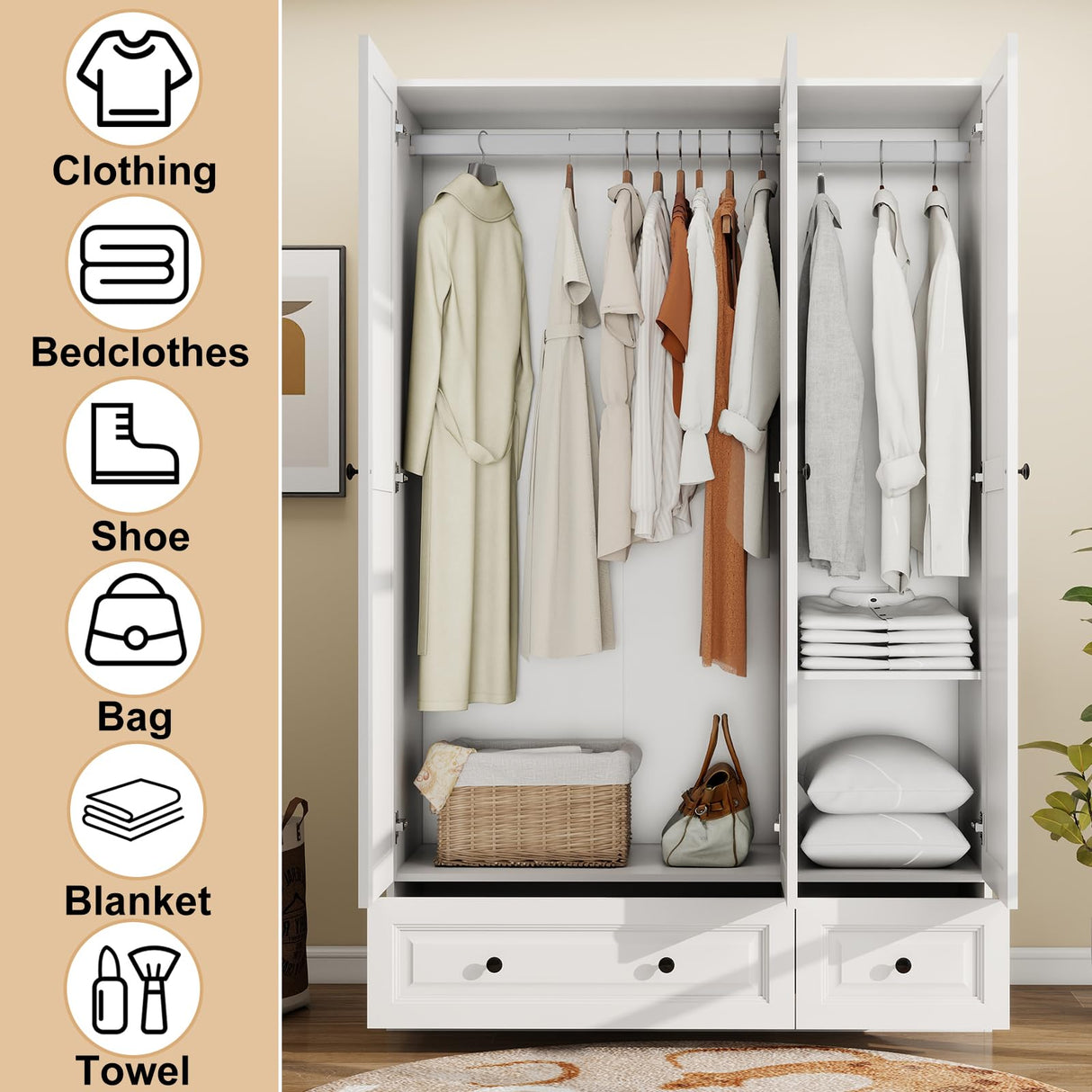 Vrmuxita Armoire Wardrobe Closet with Drawers: 74" White Tall Wooden Wardrobe Closet for Hanging Clothes, Large Bedroom Armoires with 2 Drawers, 3 Door Armoire Storage Cabinet (White, 47") Vrmuxita