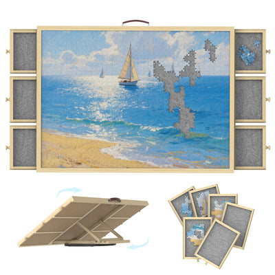 1500 Pcs Rotating Puzzle Board with 6 Drawers & Cover, Wooden Puzzle Table with Lazy Susan Spinning,Portable Jigsaw Wood Table with Non-Slip Felt 35"x26"