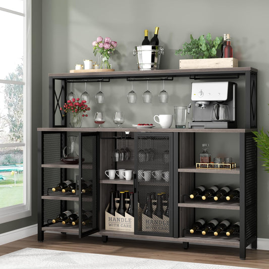 Gyfimoie Wine Bar Cabinet, 55 Inches Industry Coffee Bar Cabinet with Wine Rack and Glass Holder, Kitchen Sideboard Buffet Cabinet with Wine Rack Storage for Liquor and Glasses (Rustic Grey) - WoodArtSupply