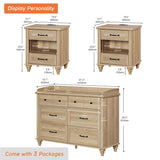WAMPAT 3 Piece Dresser and Nightstand Sets, Light Wood Dresser & Chest of Drawers with 6 Drawers & Metal Handle, Set of 2 Nightstands Side Table with Charging Staion, 3 Piece Bedroom Set, Oak WAMPAT