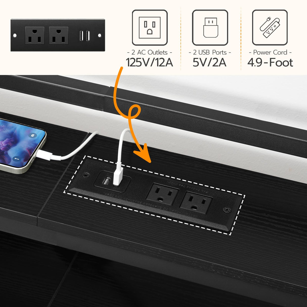 HOOBRO King Size Headboard, Headboard with Charging Station and LED Light Strip, 2-Tier Storage Headboard with Outlets and USB Ports, Industrial Style, Height Adjustable, for King Size Beds, Black HOOBRO